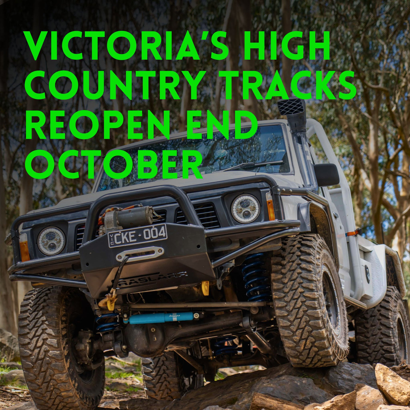 This is an image of a White Nissan Patrol GQ Ute with Raslarr Bull Bar and mud tyres. Victorias high country tracks are set to reopen