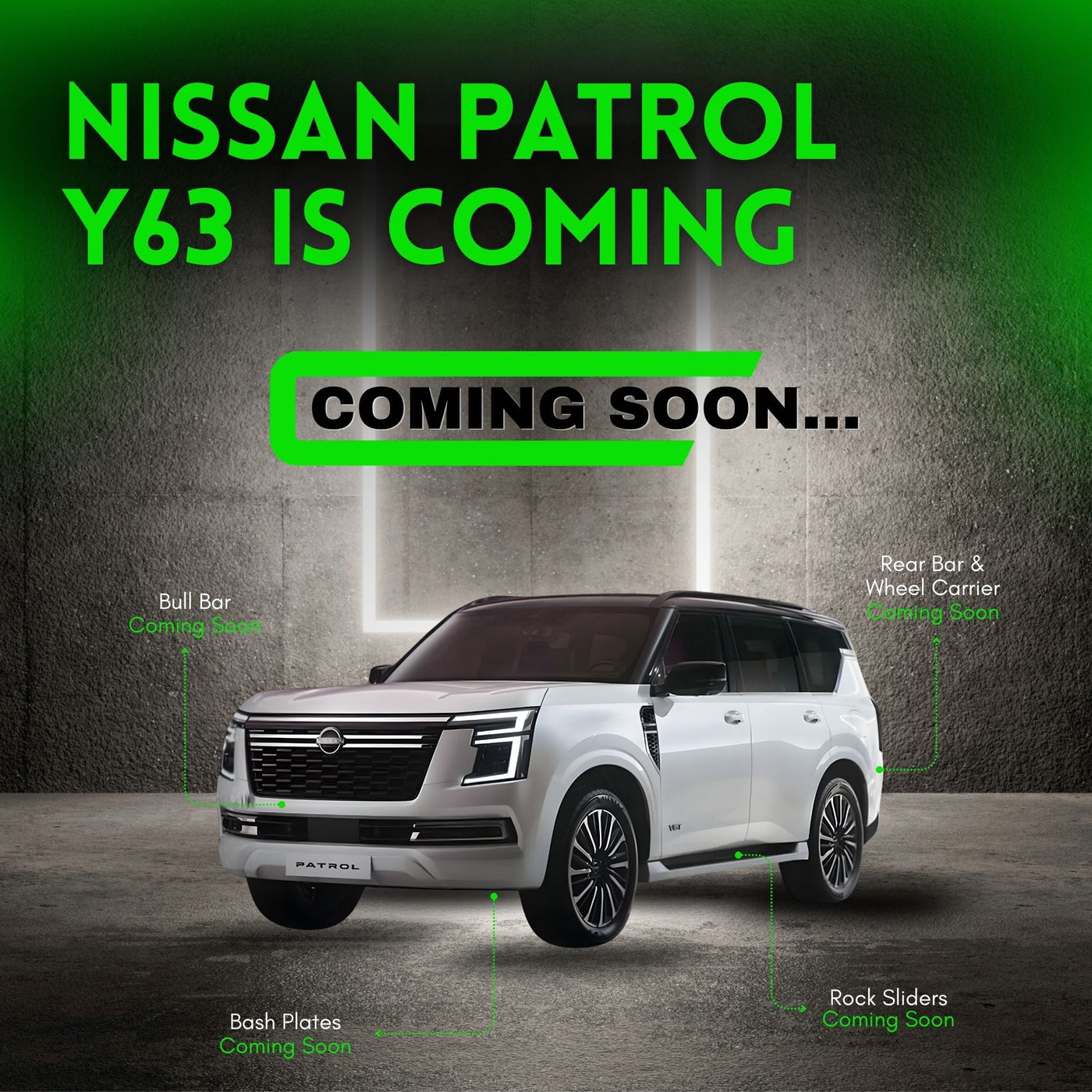 This is an image of the Nissan Patrol Y63 model coming soon with Bull Bars, Rear Bars, Rock Sliders & Side Steps, Bash Plates. Made in Australia by Raslarr Engineering in Lilydale Melbourne