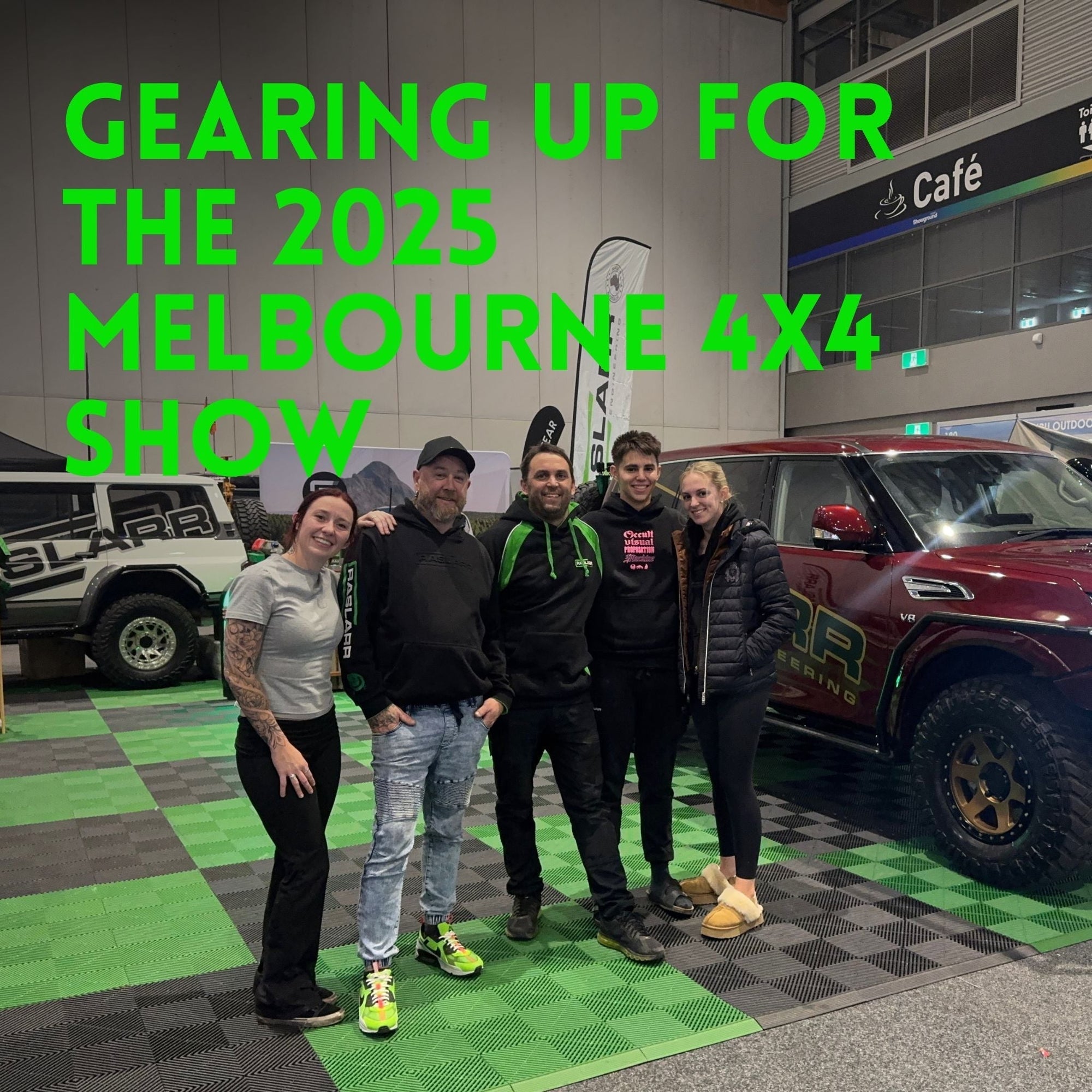 This is an image of the Raslarr Engineering team at the Sydney 4x4 show with the new Red Y62 Patrol and the GQ Patrol. Darian, Dez, Rob Paterson, Lincoln, Stella
