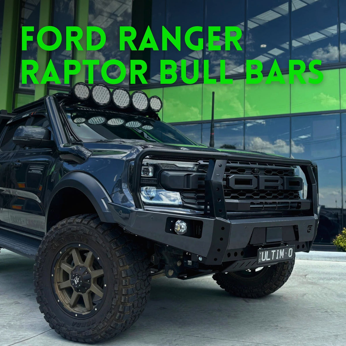 This is an image of a Ford Ranger Raptor Next Generation Dallas Bull Bar with hoops, made by Raslarr Engineering in Lilydale, Melbourne, Australia
