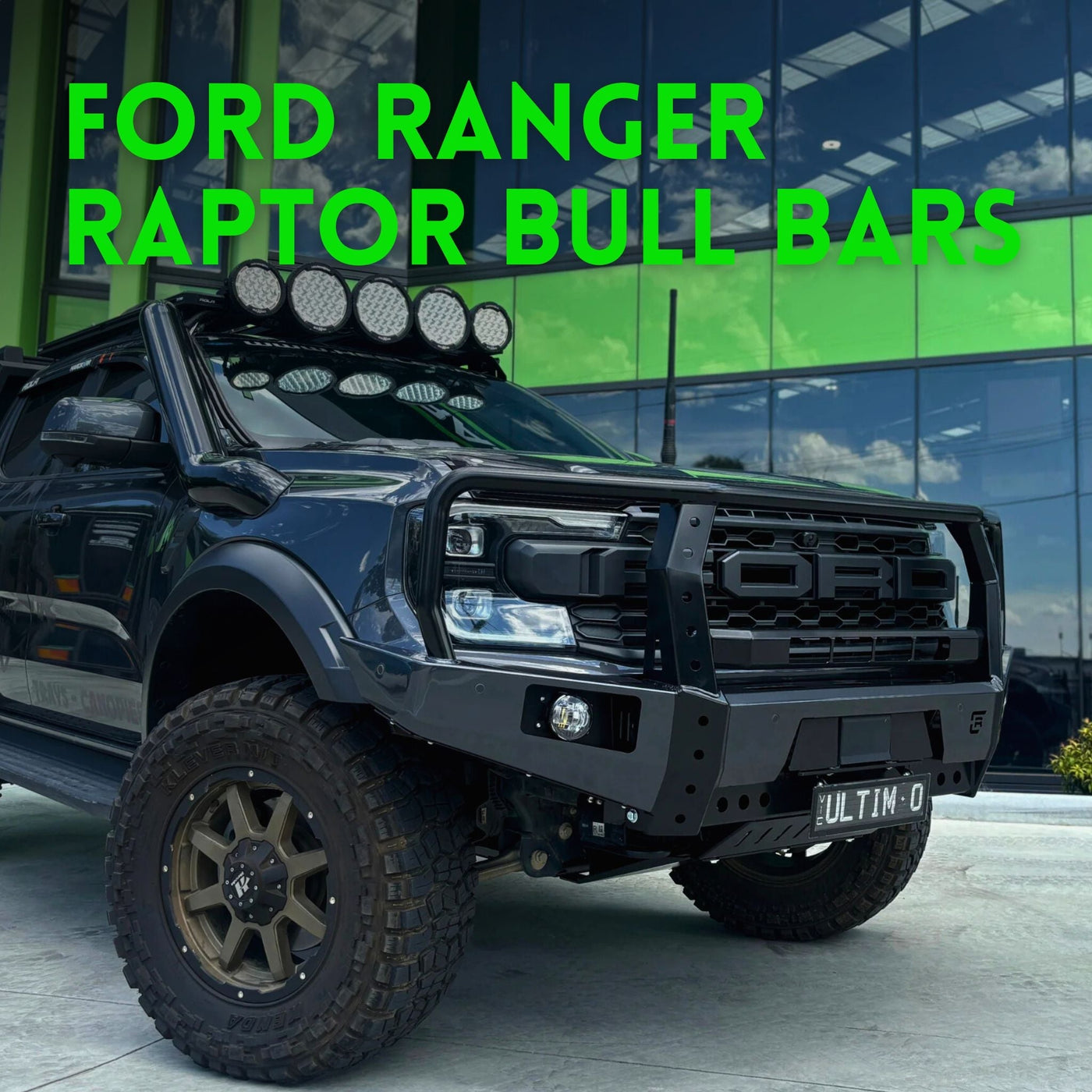 This is an image of a Ford Ranger Raptor Next Generation Dallas Bull Bar with hoops, made by Raslarr Engineering in Lilydale, Melbourne, Australia