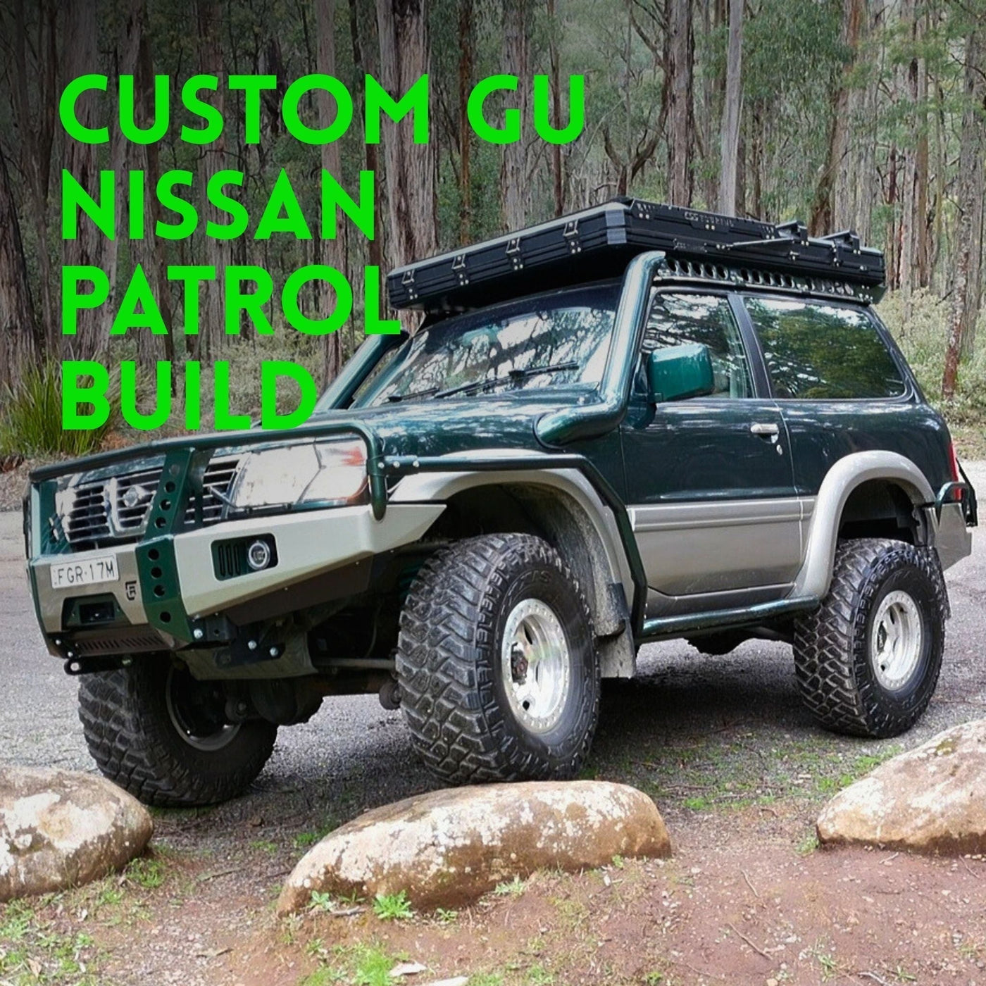 This is image is the Green & Gold SWB Nissan patrol GU build for the Shopify Blog Post of Raslarr Engineering with Bull bar, Rear Bar and Rock Sliders