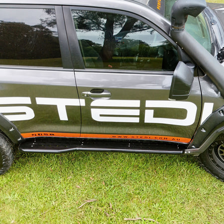 Raslarr Revolution Rock Sliders & Side Steps with laser cutting to suit the Stedi 200 Series Toyota Landcruiser