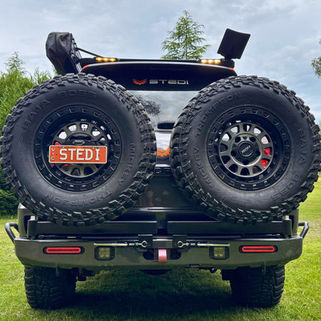This is an image of the Raslarr V2 Rear Bar with Dual Wheel Carriers on the Stedi LED Lights 200 Series Toyota Landcruiser in Lilydale, Melbourne, Australia, Cape York